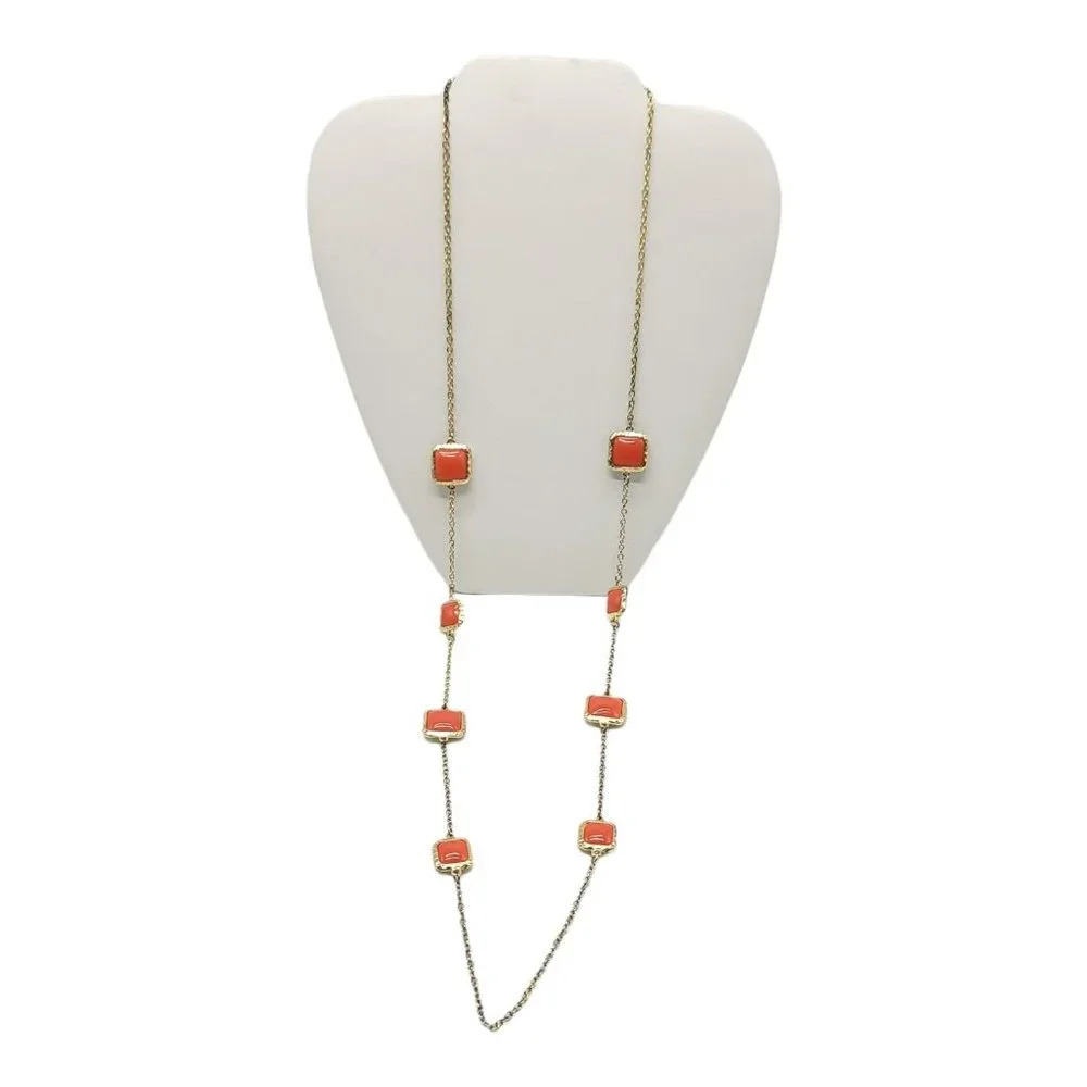 Coral Orange Enamel Inlay Square Accents Gold Tone Long Vintage Necklace